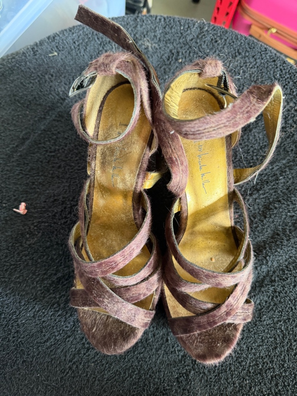 Nicole Miller Mauve Strappy Faux Fur Heels